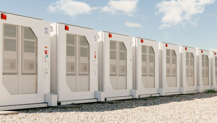 Rows of carbon-free energy battery storage devices.