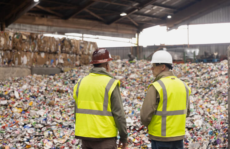 Two people stand in front of recyclable materials in a recycling facility.