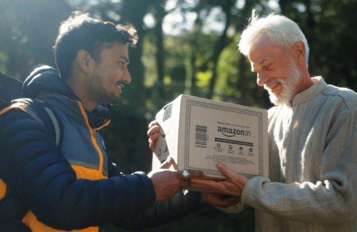 A man handing a box to another man.