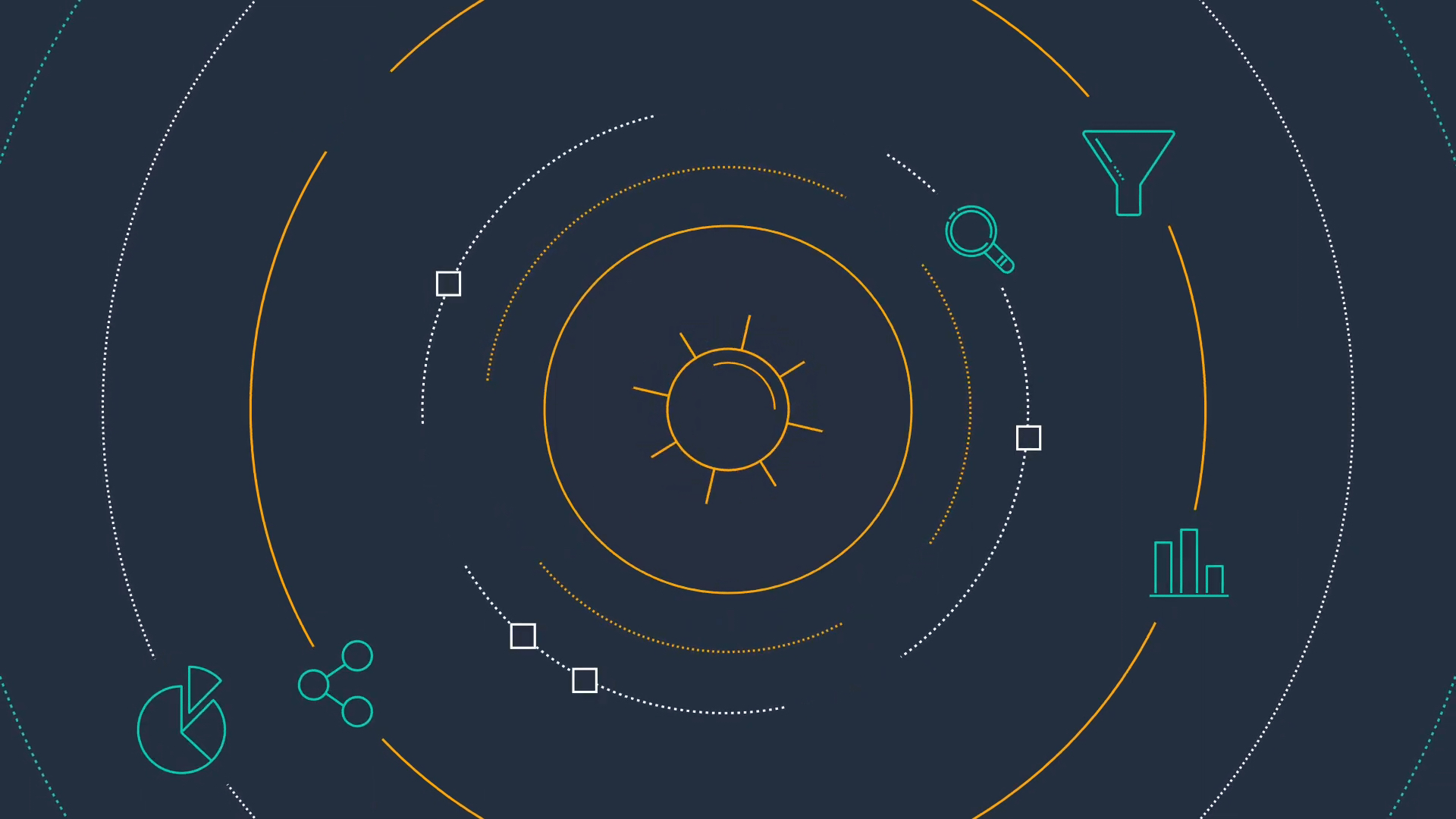 An illustration of the sun with several elements orbiting around it.